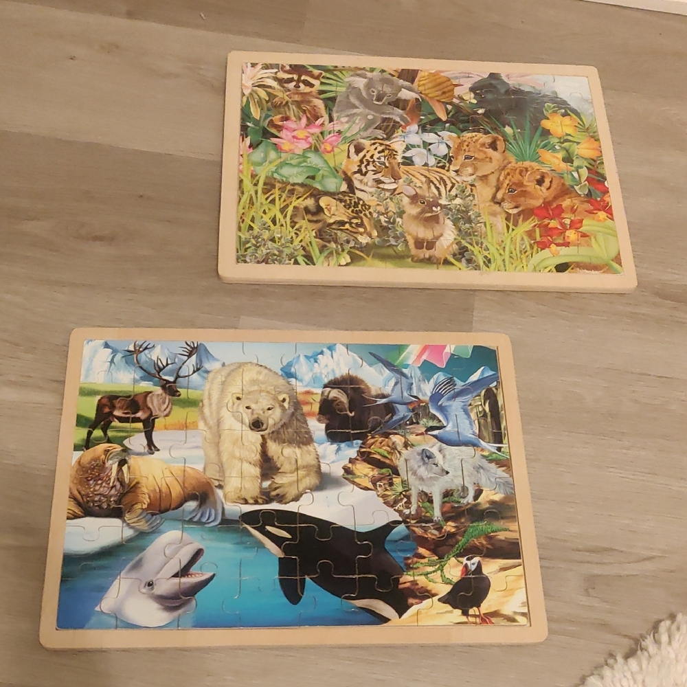 Vintage Animal Themed 2 (48) Pieces Wooden Puzzles With Wooden Trays